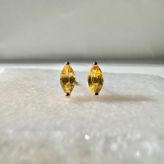 Genuine Yellow Sapphire Studs / Marquise Earrings / Pair / 14k Solid Gold