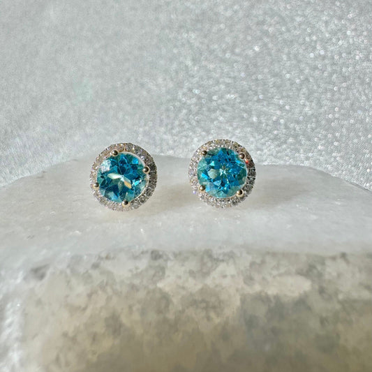 Genuine Blue Topaz Round Studs / 14k Solid Yellow Gold