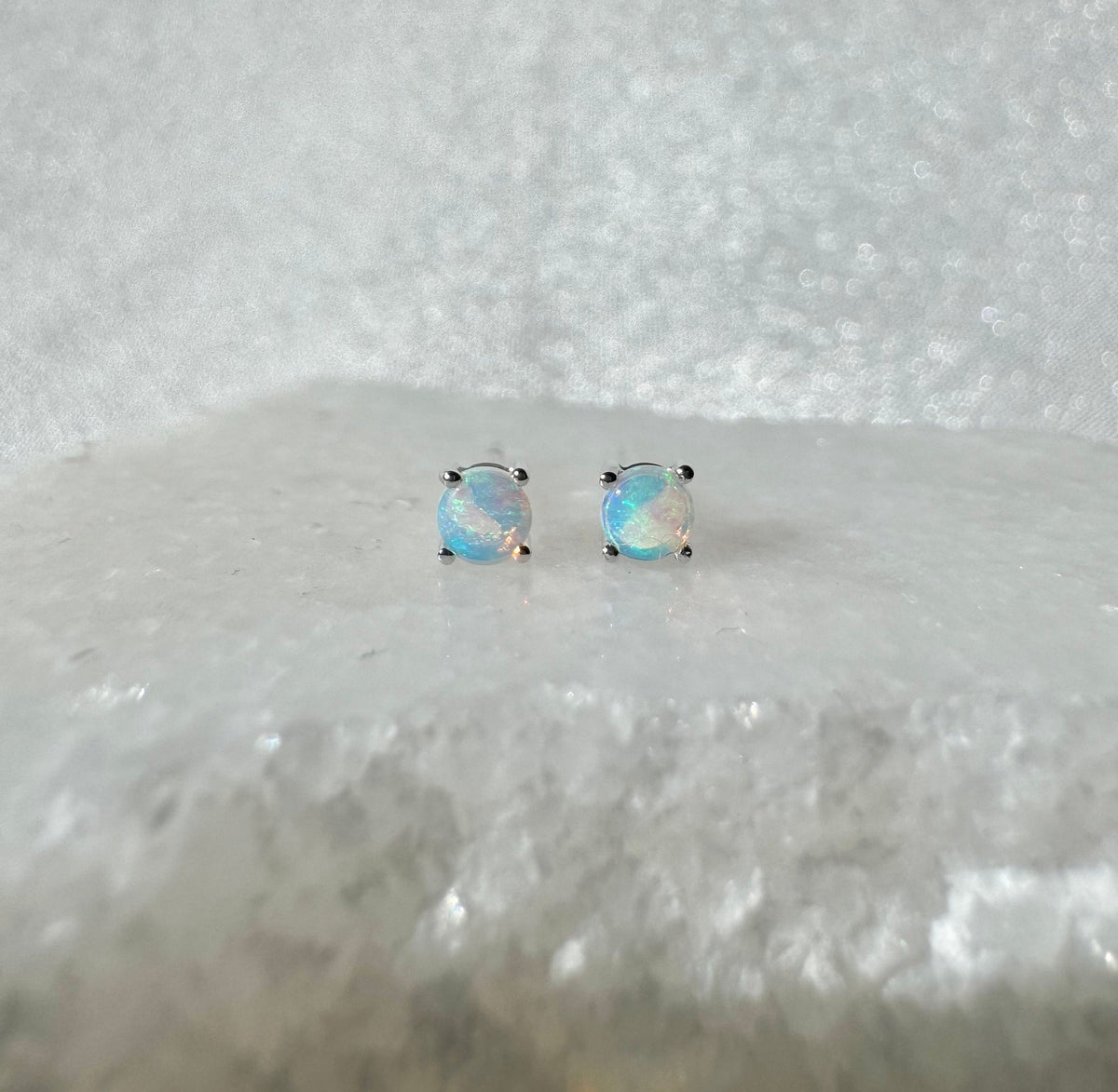 Genuine Opal 3 mm Round Cut Solitaire Stud Earrings / 14k Solid Gold