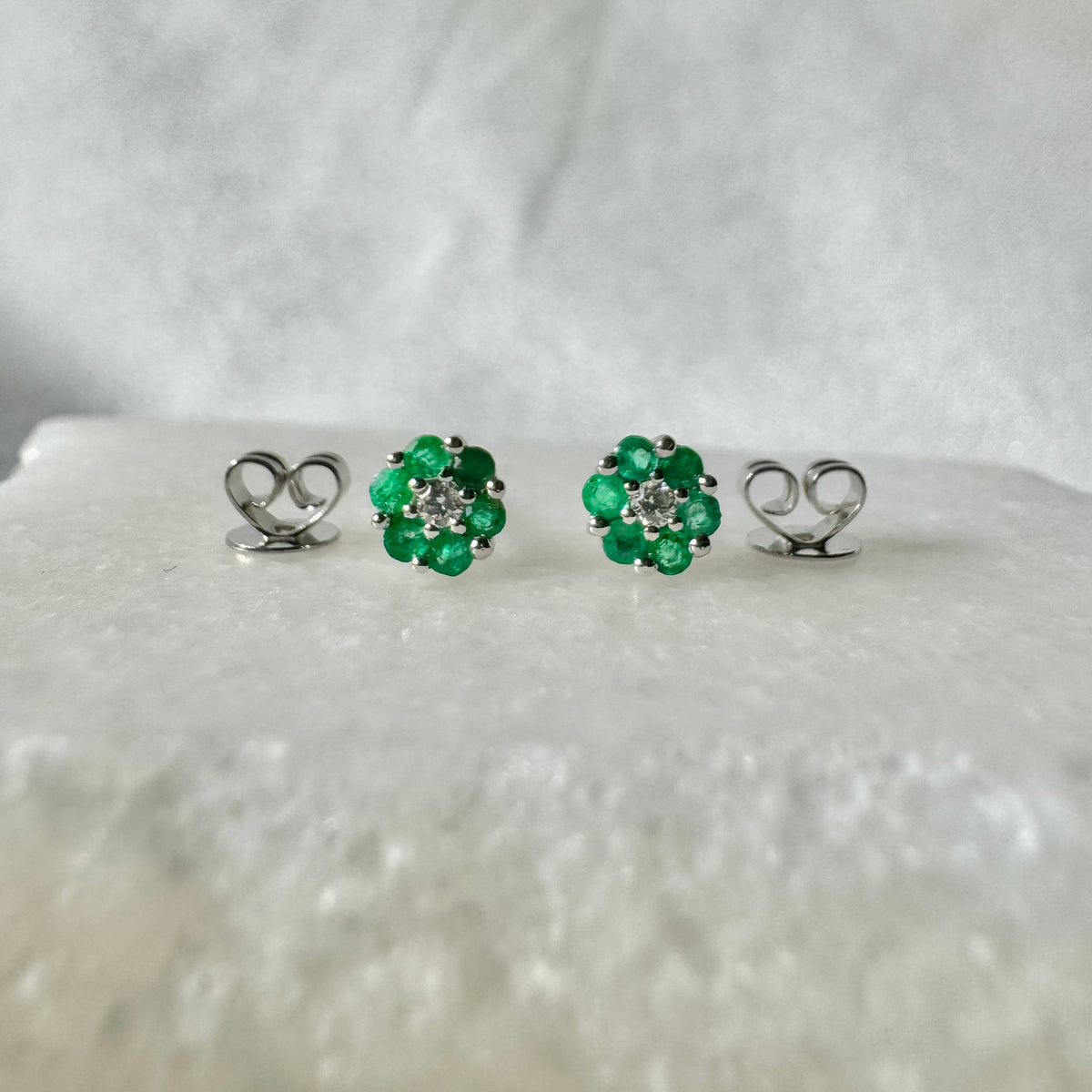 Genuine Emerald and Diamond Flower Stud Earrings | 14k Solid Gold