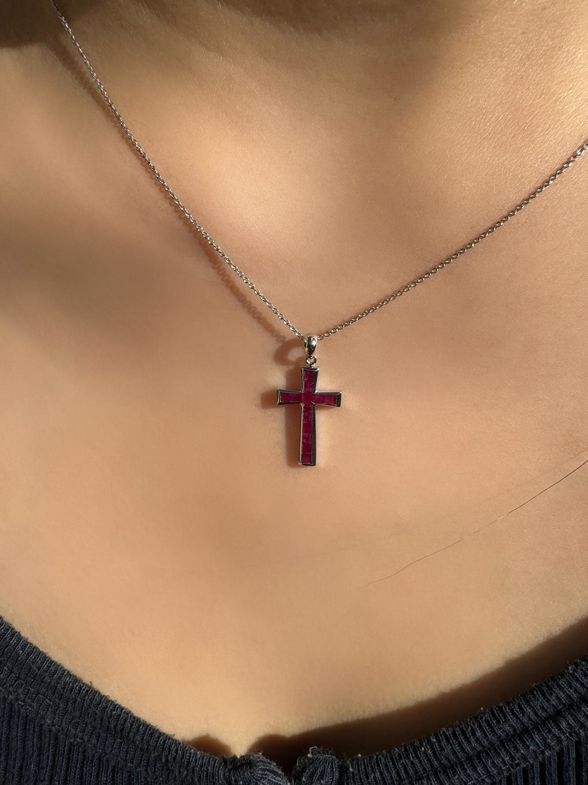 Genuine Ruby Tapered Cross Pendant | 18k Solid Gold