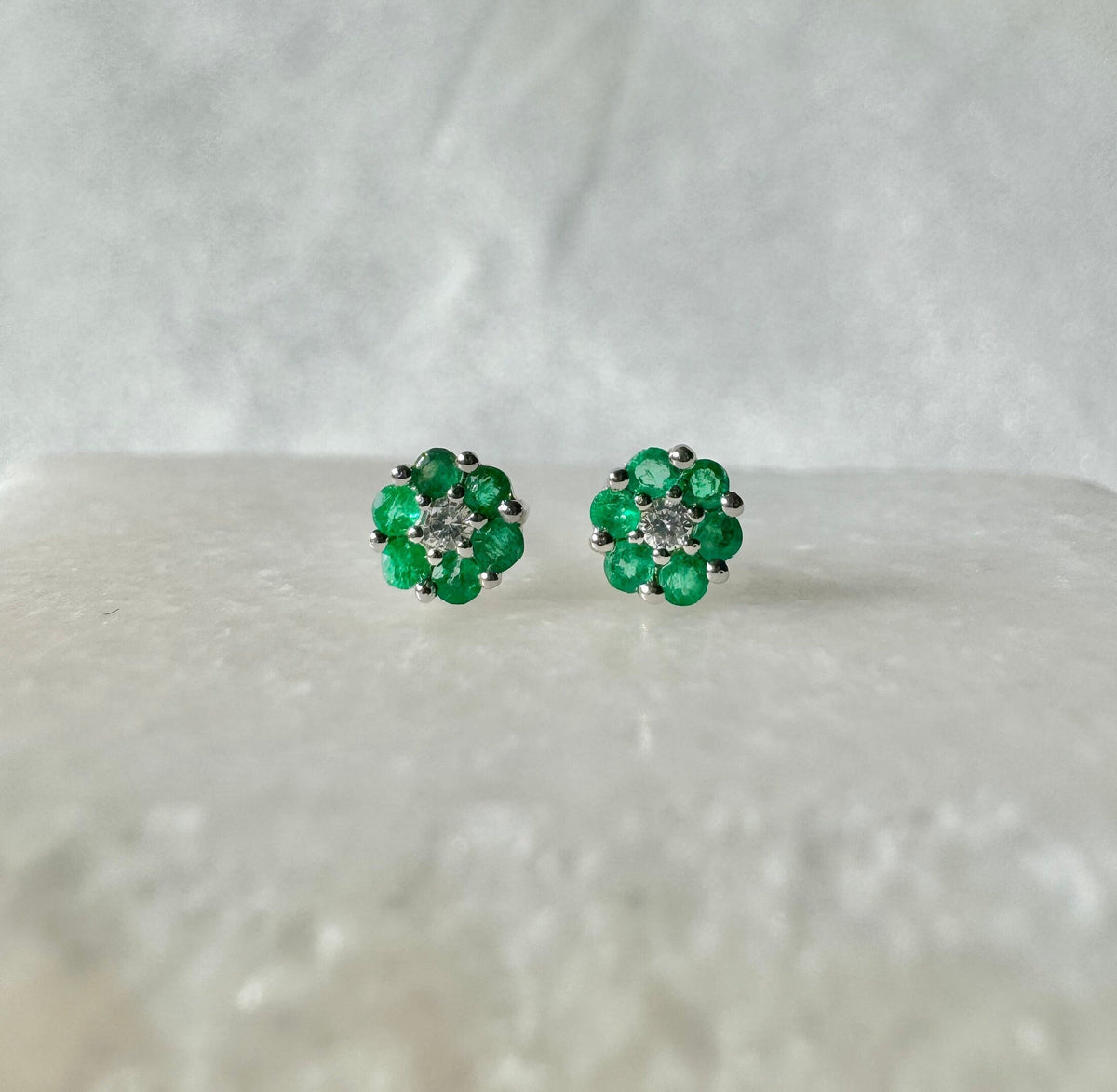 Genuine Emerald and Diamond Flower Stud Earrings | 14k Solid Gold