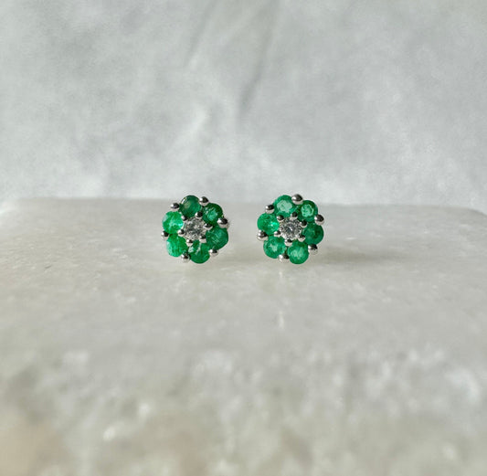 Genuine Emerald and Diamond Flower Stud Earrings | 14k Solid Gold