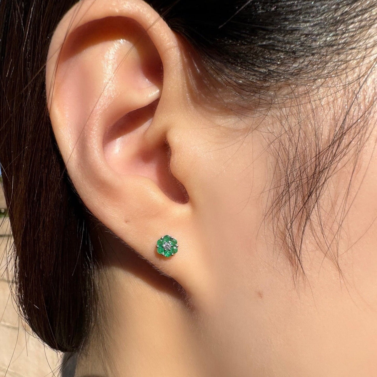 Genuine Emerald and Diamond Flower Stud Earrings | 14k Solid Gold