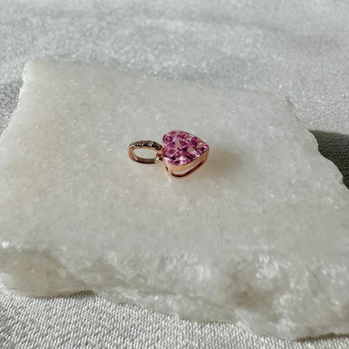 Genuine Pink Sapphire and Diamond Heart Pave Pendant | 14k Solid Gold
