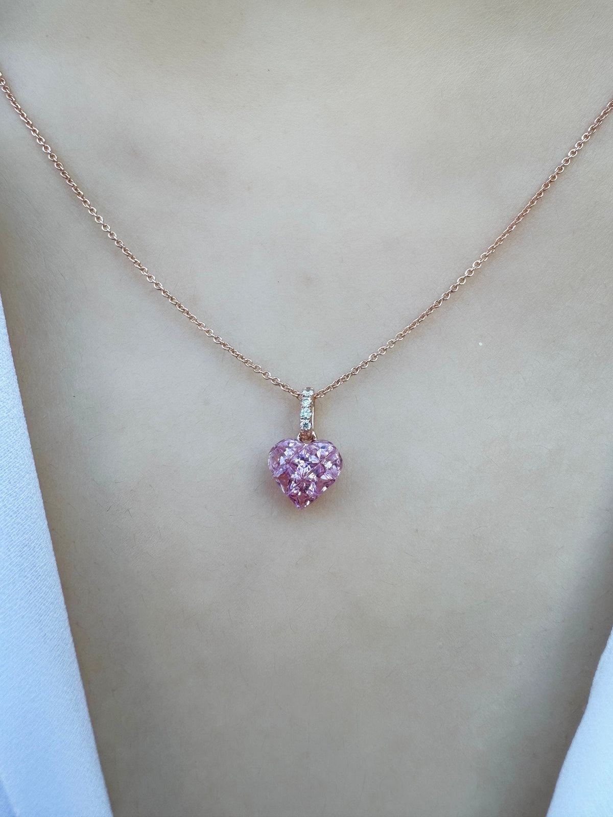 Genuine Pink Sapphire and Diamond Heart Pave Pendant | 14k Solid Gold