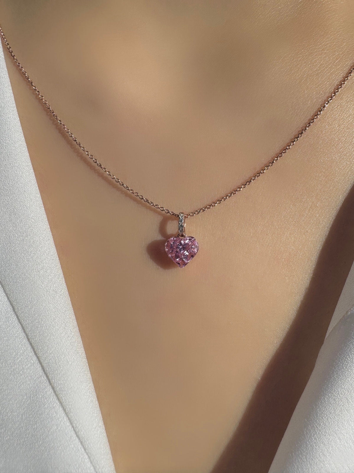 Genuine Pink Sapphire and Diamond Heart Pave Pendant | 14k Solid Gold