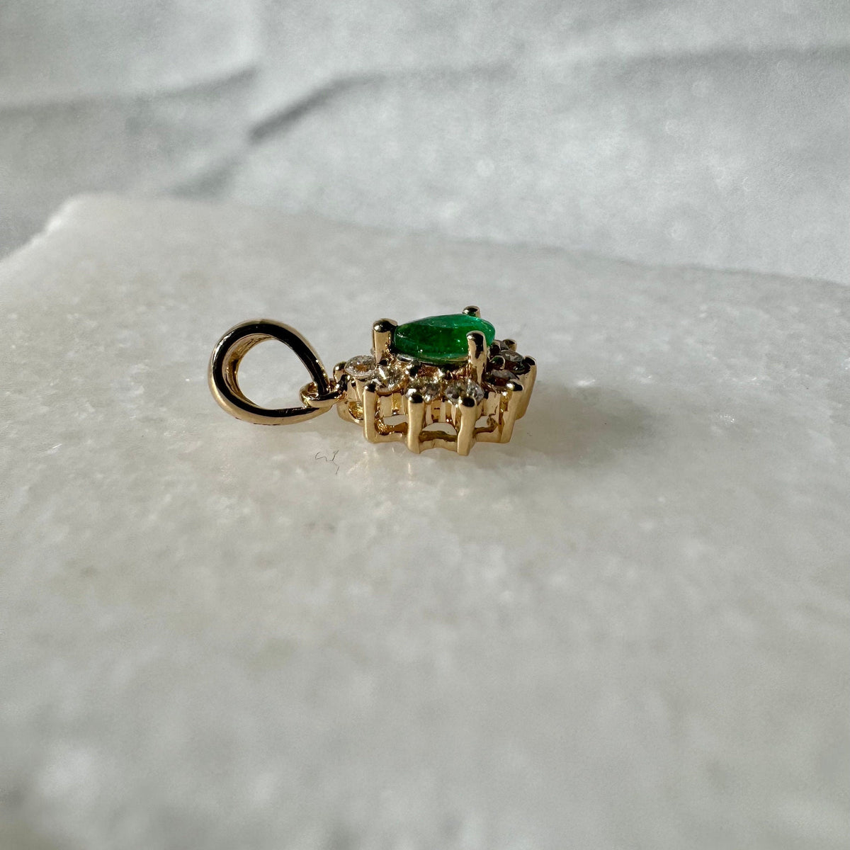 Genuine Emerald and Diamond Pear Cut Flower Pendant | 14k Solid Gold