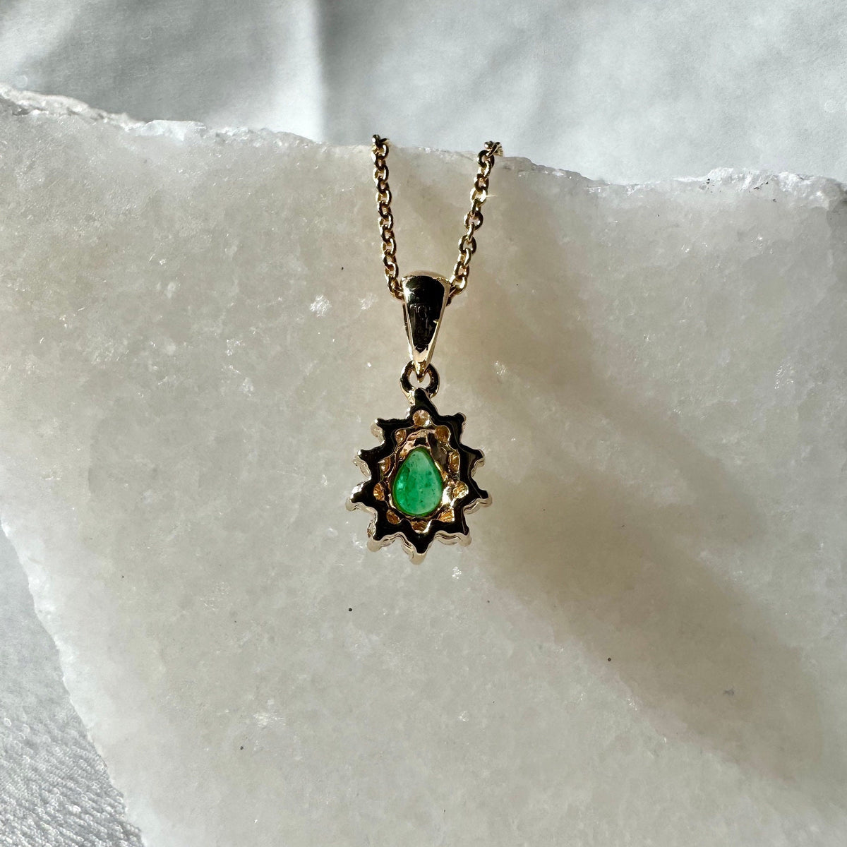 Genuine Emerald and Diamond Pear Cut Flower Pendant | 14k Solid Gold