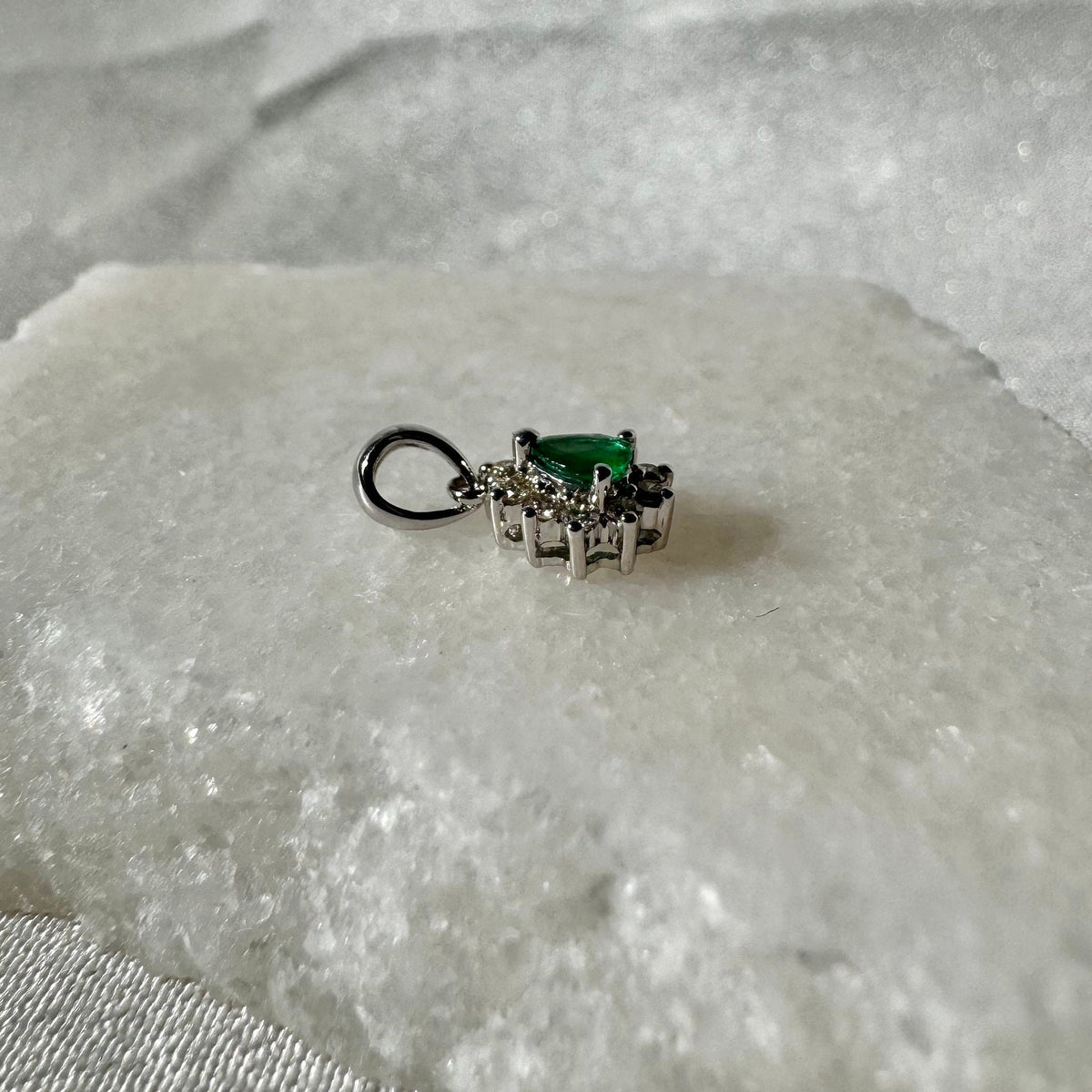 Genuine Emerald and Diamond Pear Cut Flower Pendant | 14k Solid Gold