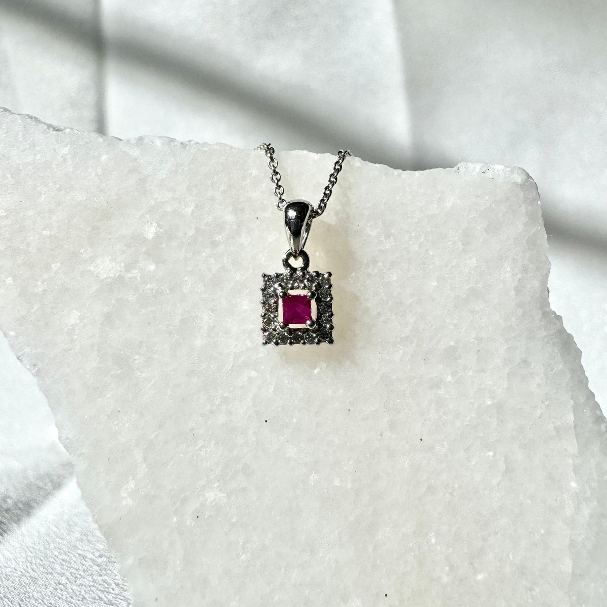 Genuine Ruby 3 mm Princess Cut and Diamond Pendant in 14k Solid Gold