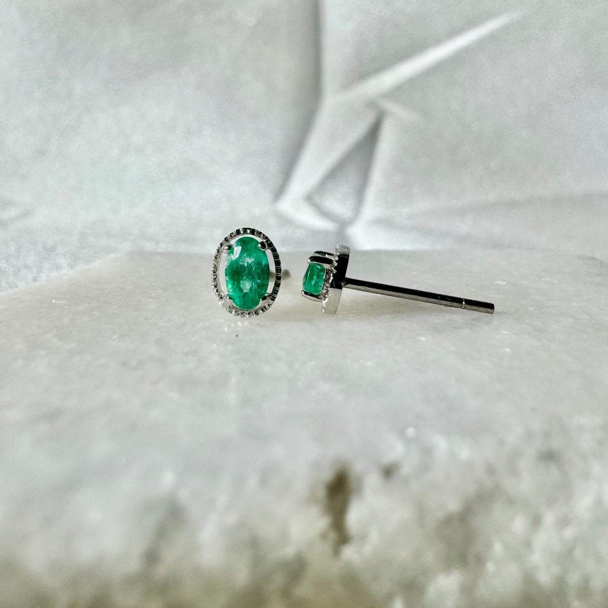 14k White Gold Oval Emerald Stud Earrings, May Birthstone, Solid Gold Jewelry