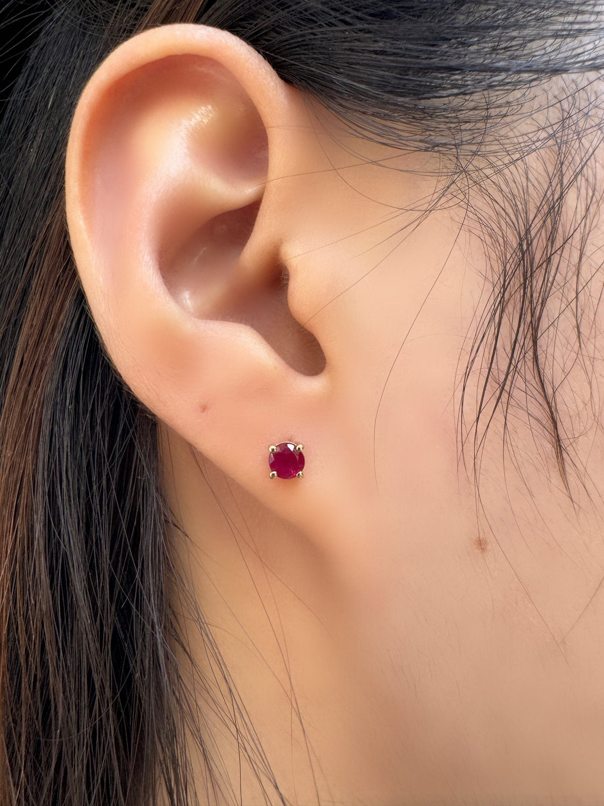 Genuine Ruby Solitaire Stud Earrings, 4mm Round Cut, 14k Yellow Gold, July Birthstone Gift