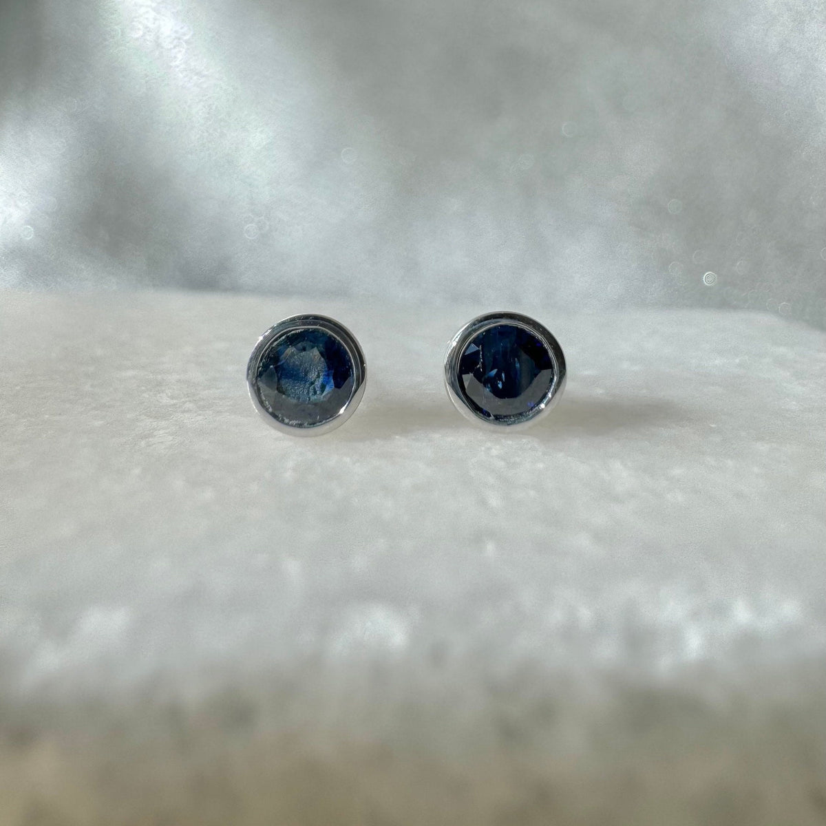 14k Solid Gold Round Sapphire Bezel Stud Earrings, 4.5mm, September Birthstone