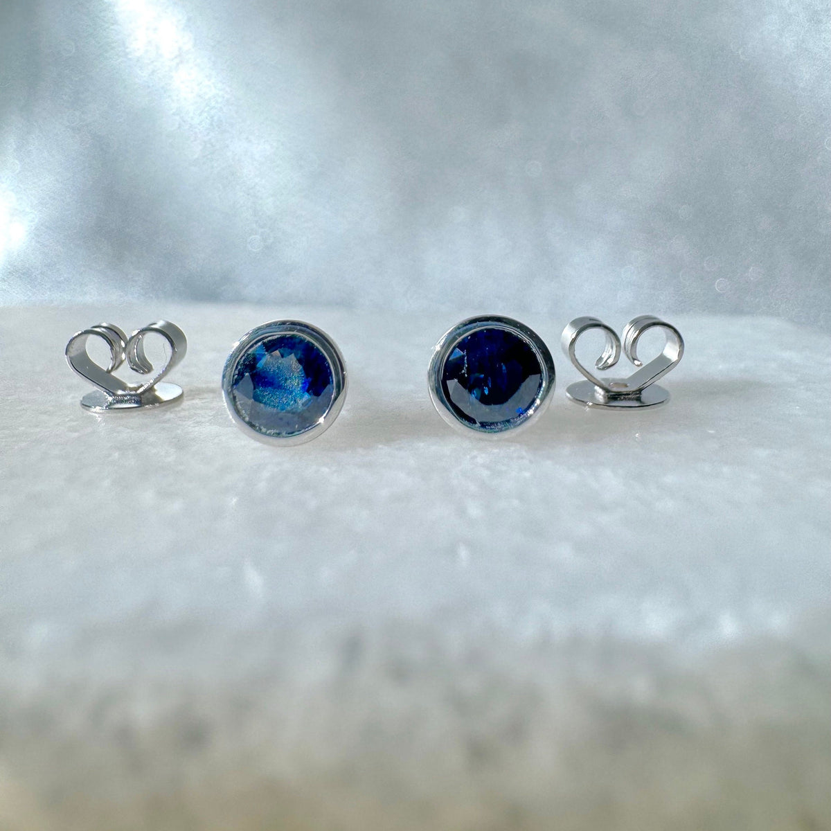 14k Solid Gold Round Sapphire Bezel Stud Earrings, 4.5mm, September Birthstone