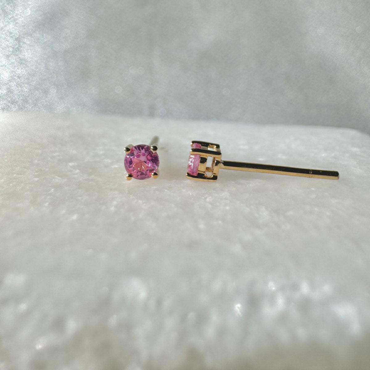 Genuine Pink Sapphire 3mm Round Cut Stud Earrings / 14k Solid Gold