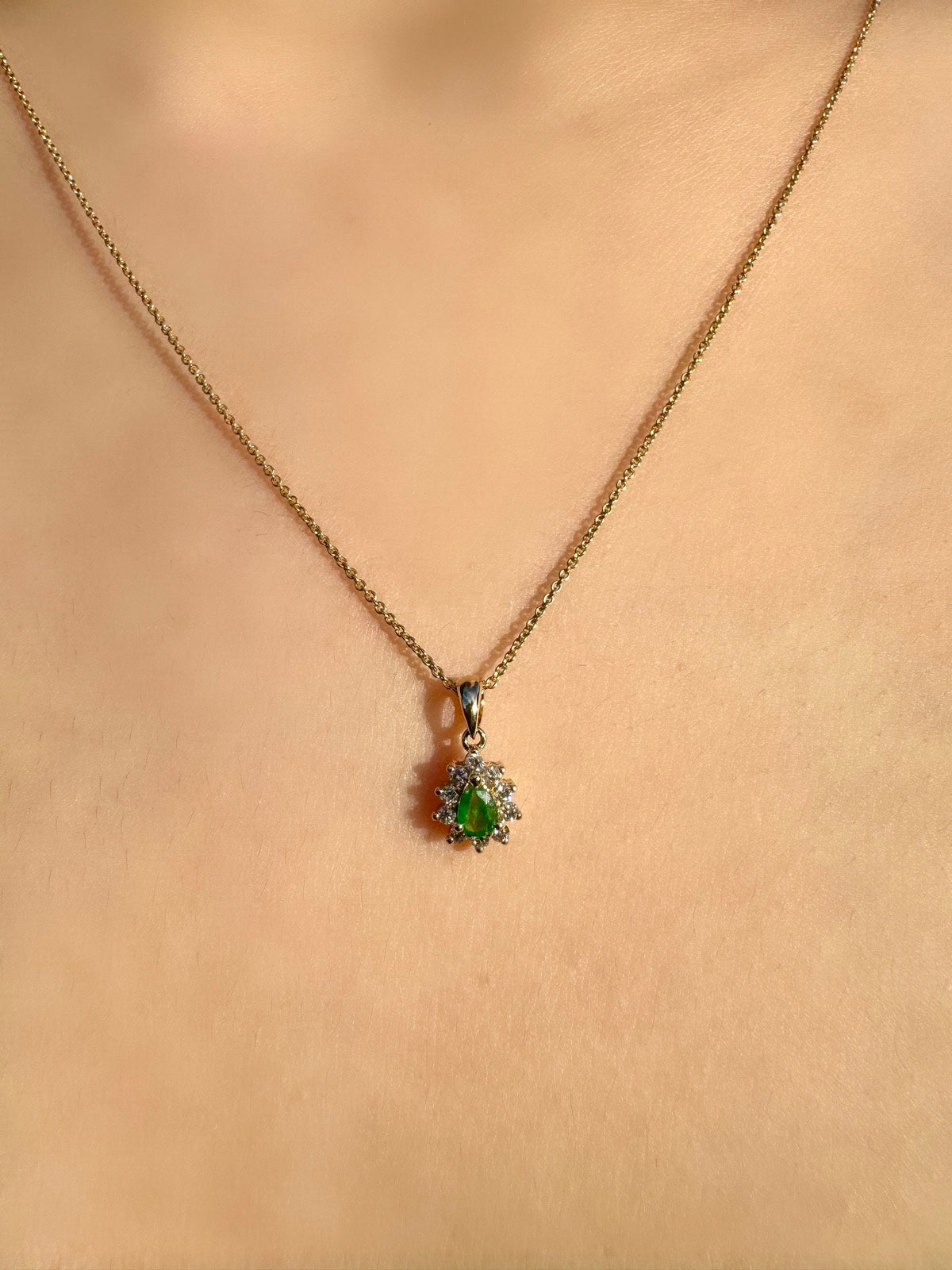 Genuine Emerald and Diamond Pear Cut Flower Pendant | 14k Solid Gold