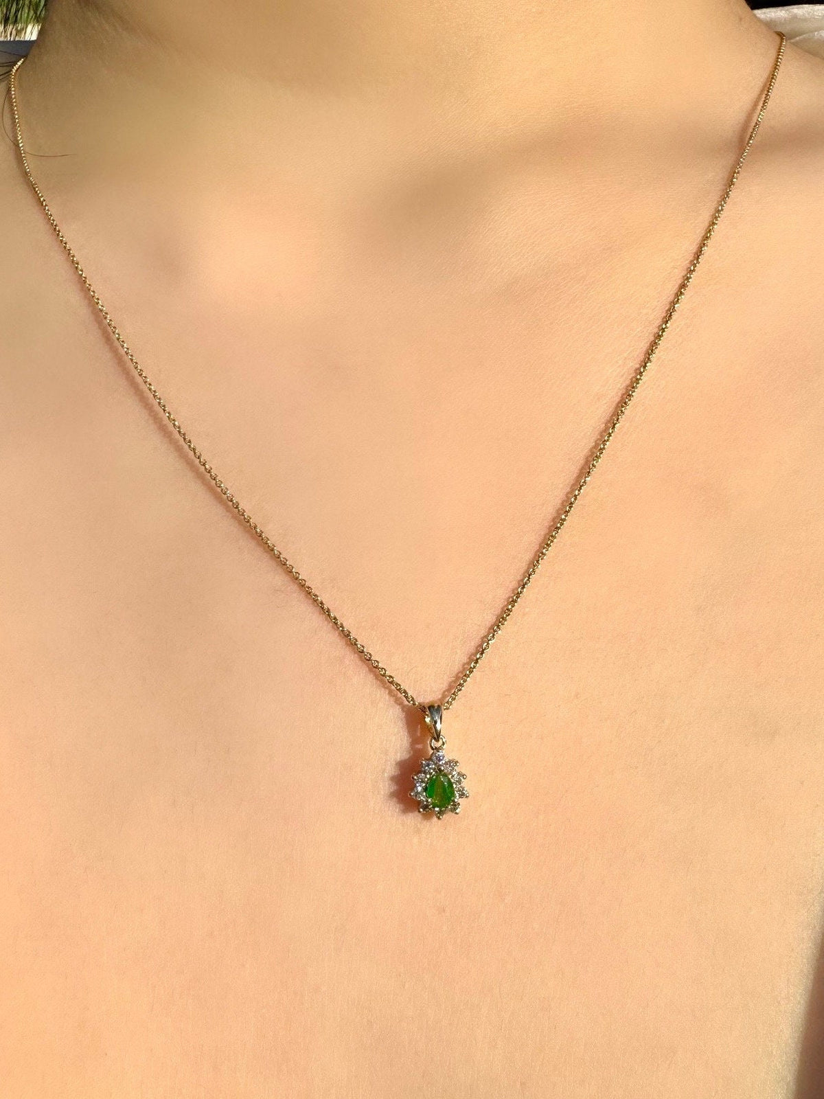 Genuine Emerald and Diamond Pear Cut Flower Pendant | 14k Solid Gold