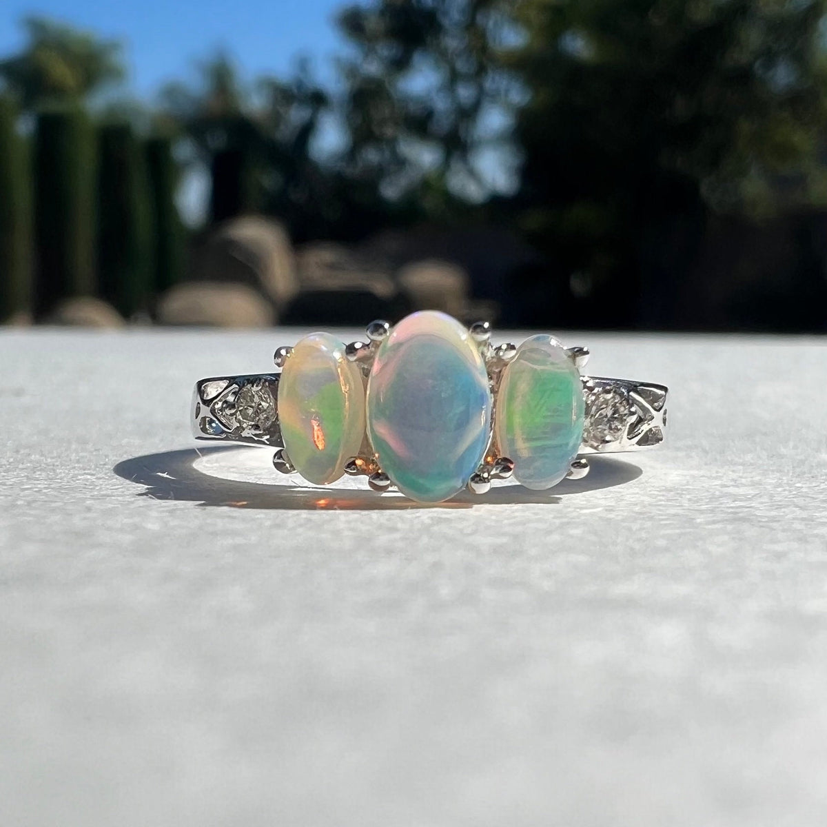 Genuine Trio Opal and Diamond Oval Ring, 14k Solid Gold, October Birthstone, Gift for Her
