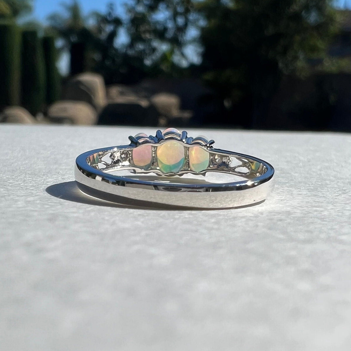 Genuine Trio Opal and Diamond Oval Ring, 14k Solid Gold, October Birthstone, Gift for Her