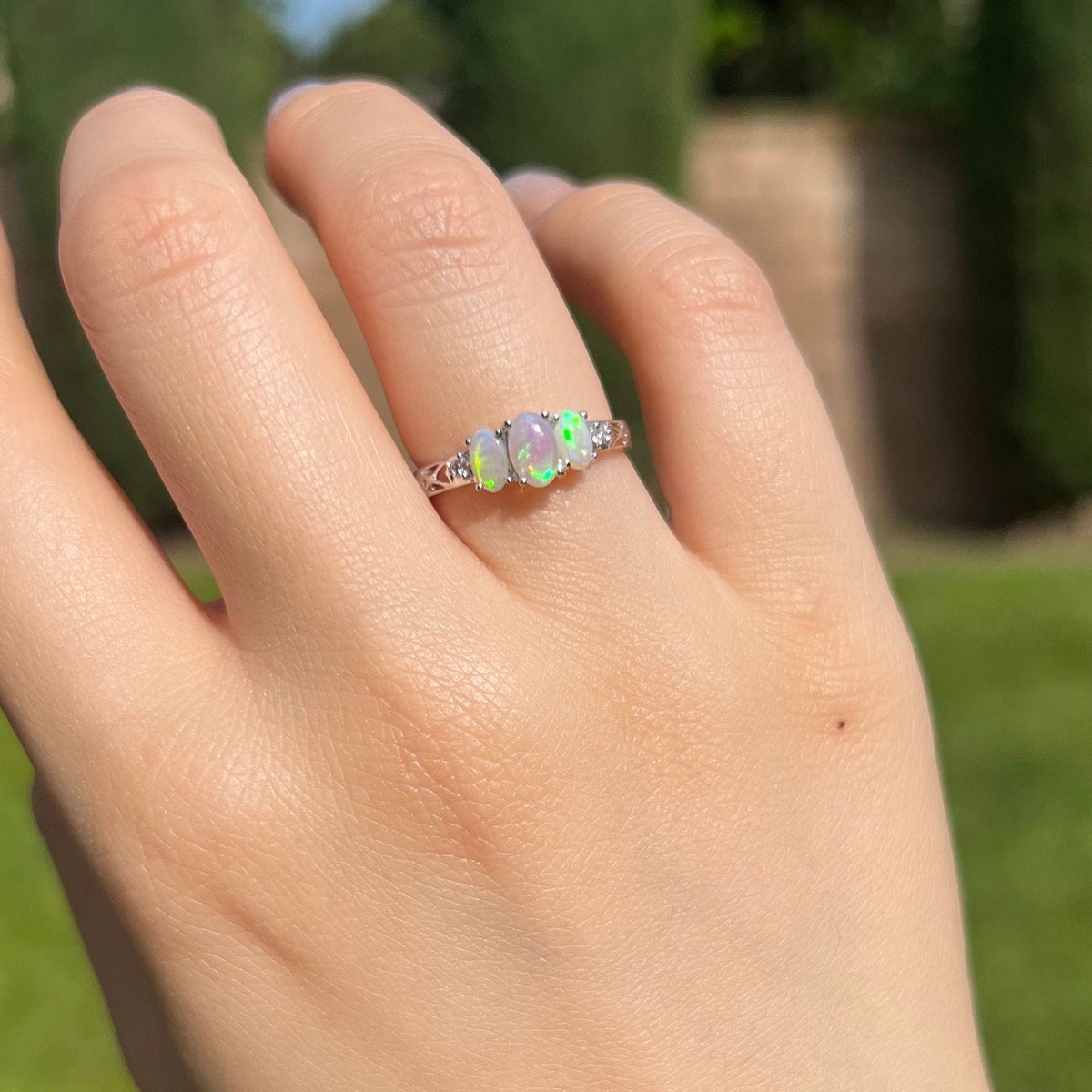 Genuine Trio Opal and Diamond Oval Ring, 14k Solid Gold, October Birthstone, Gift for Her
