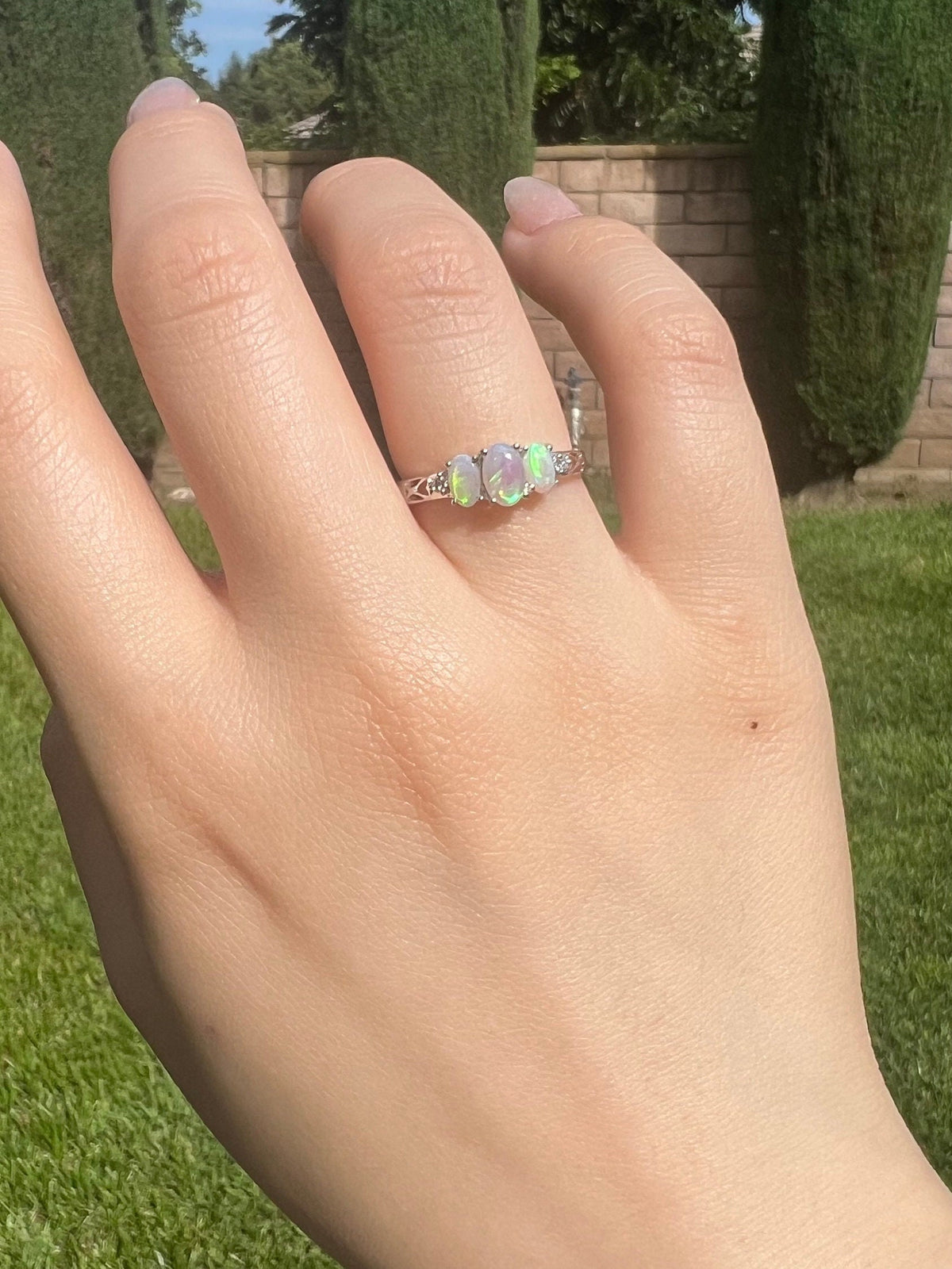 Genuine Trio Opal and Diamond Oval Ring, 14k Solid Gold, October Birthstone, Gift for Her