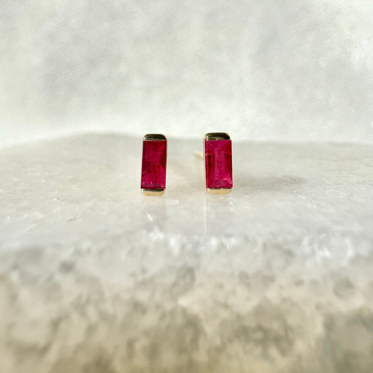 Genuine Ruby Mini Bezel Stud Earrings / 14k Solid Gold