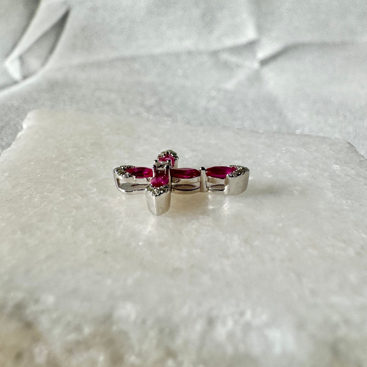 Genuine Ruby and Diamond Marquise Cross Pendant, 14k Solid Gold, July Birthstone, Gift for Her