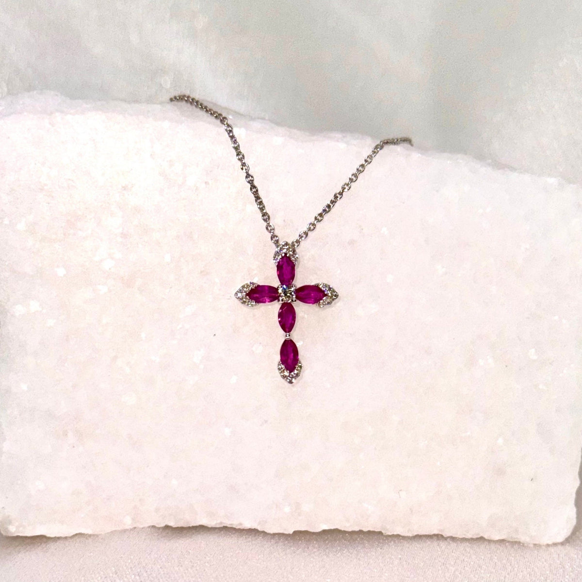 Genuine Ruby and Diamond Marquise Cross Pendant, 14k Solid Gold, July Birthstone, Gift for Her