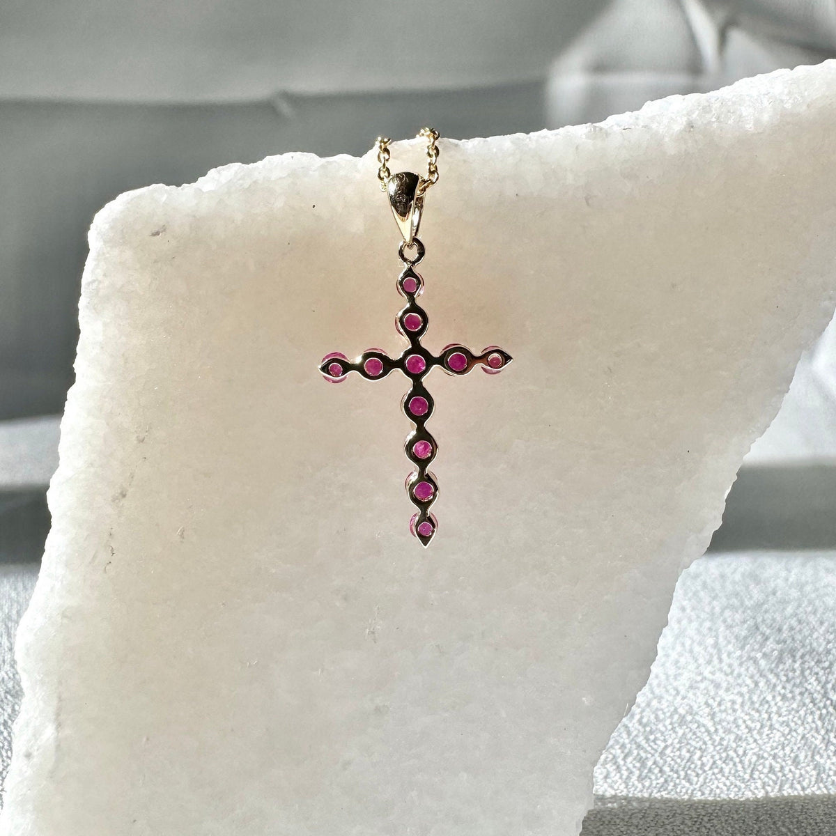 Genuine Ruby Round Cut Cross Pendant, 14k Solid Gold, July Birthstone, Gift for Her