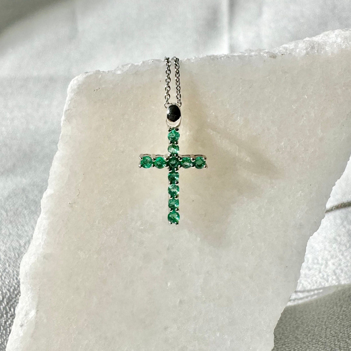 Genuine Emerald Round Cut Cross Pendant, Large, 14k Solid Gold, May Birthstone Gift