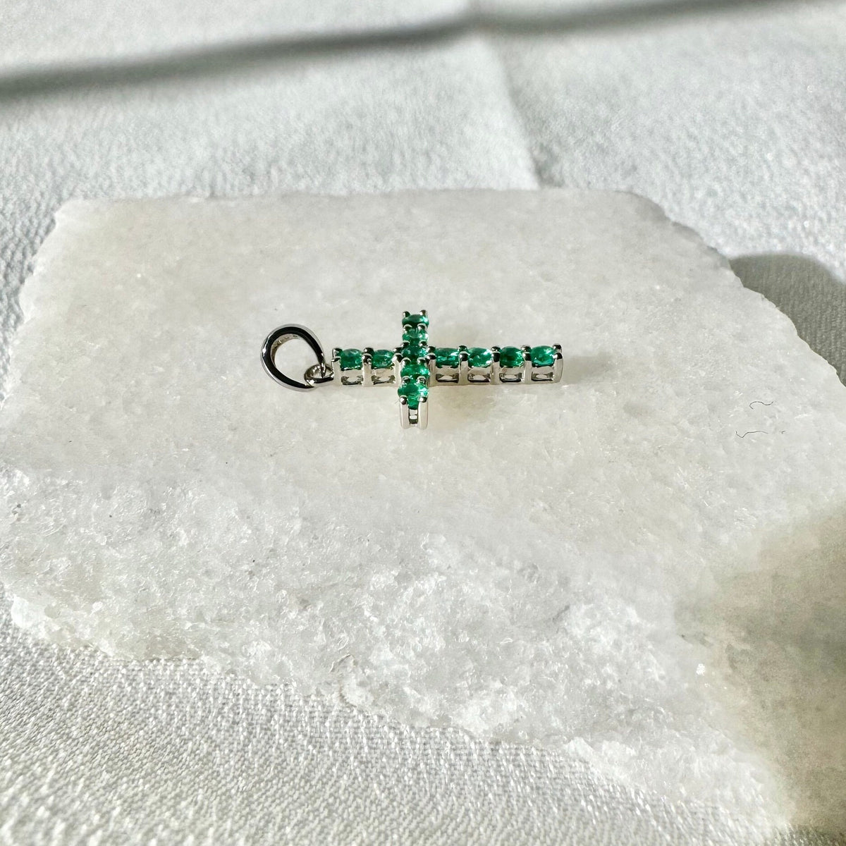 Genuine Emerald Round Cut Cross Pendant, Large, 14k Solid Gold, May Birthstone Gift