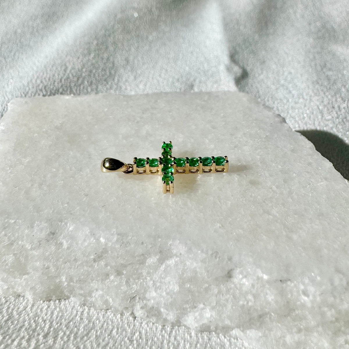 Genuine Emerald Round Cut Cross Pendant, Large, 14k Solid Gold, May Birthstone Gift