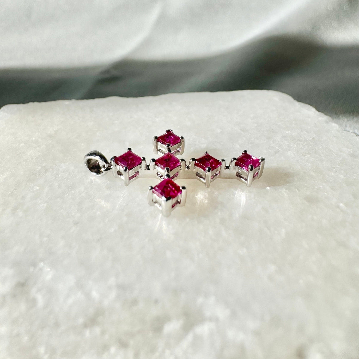 Genuine Princess Cut Ruby Cross Pendant in 18k Solid Gold