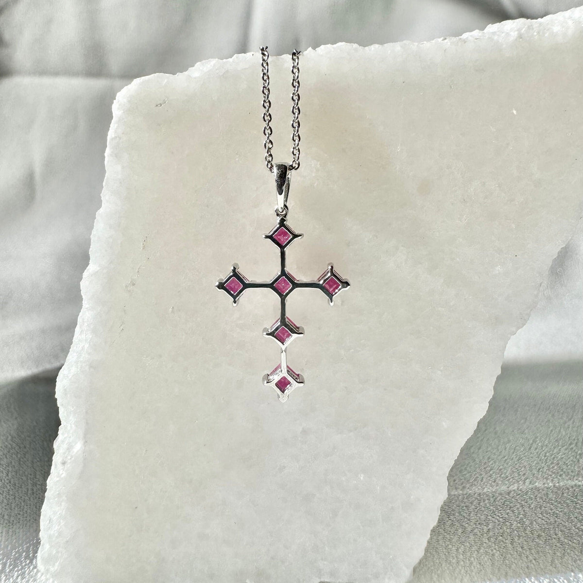 Genuine Princess Cut Ruby Cross Pendant in 18k Solid Gold