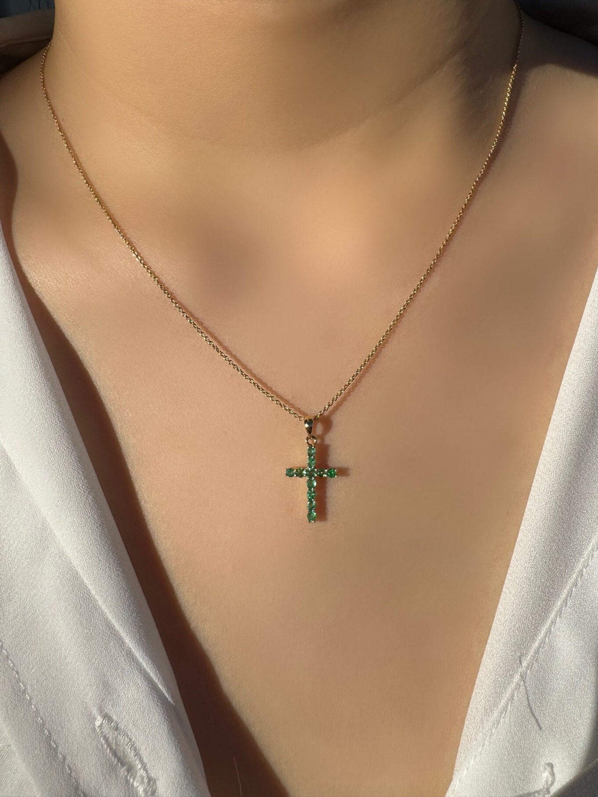 Genuine Emerald Round Cut Cross Pendant, Large, 14k Solid Gold, May Birthstone Gift