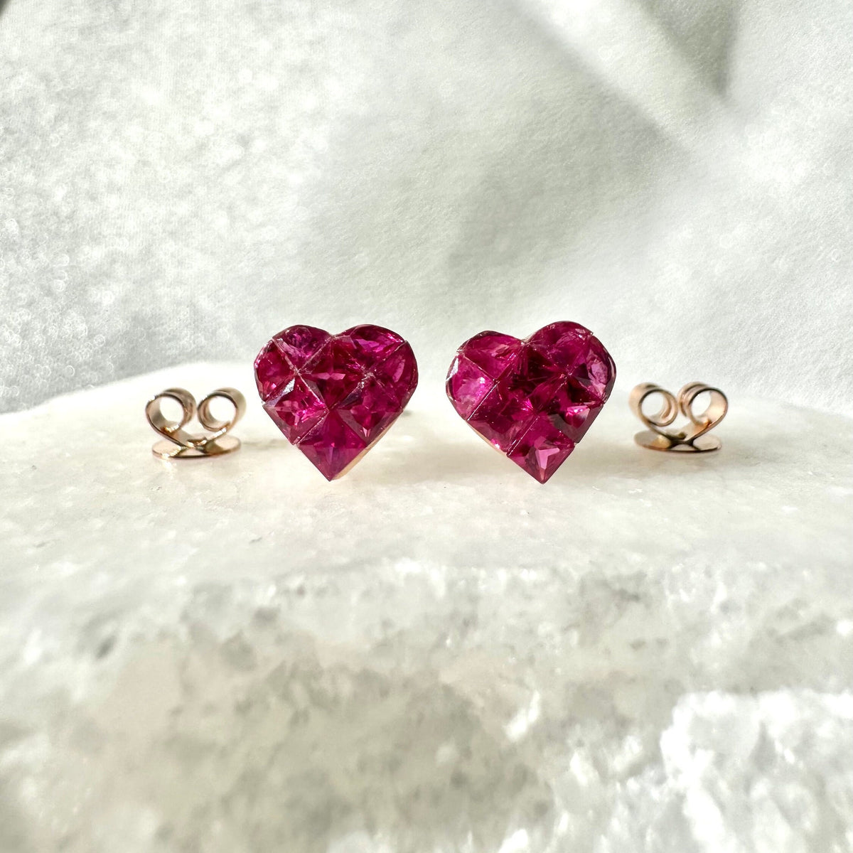 Genuine Ruby Pavè Heart Earrings / 18k Solid Rose Gold