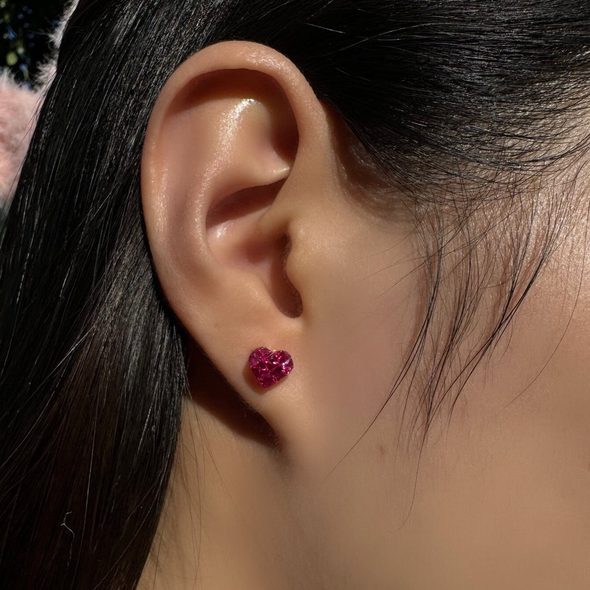 Genuine Ruby Pavé Heart Stud Earrings, 18k Yellow Gold, July Birthstone, Gift for Her