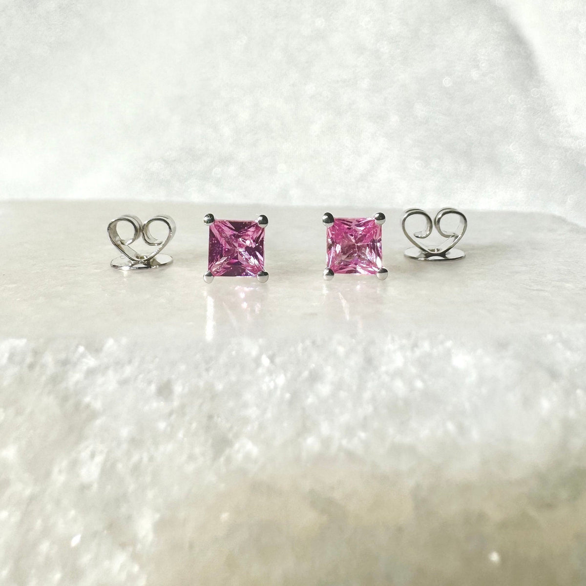 Genuine Pink Sapphire Princess Cut Stud Earrings / 18k Solid Gold / 14k Solid Gold