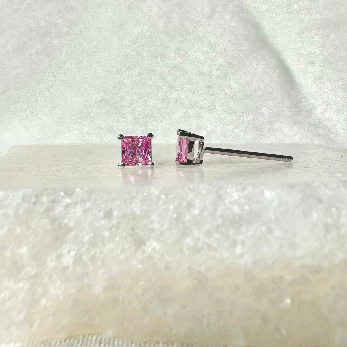 Genuine Pink Sapphire Princess Cut Stud Earrings / 18k Solid Gold / 14k Solid Gold