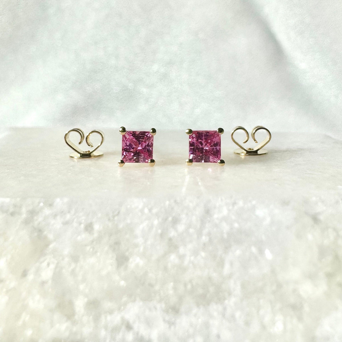 Genuine Pink Sapphire Princess Cut Stud Earrings / 18k Solid Gold / 14k Solid Gold
