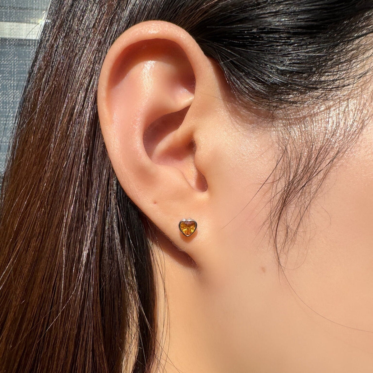Genuine Orange Sapphire Heart Bezel Stud Earrings in 18k Solid Gold