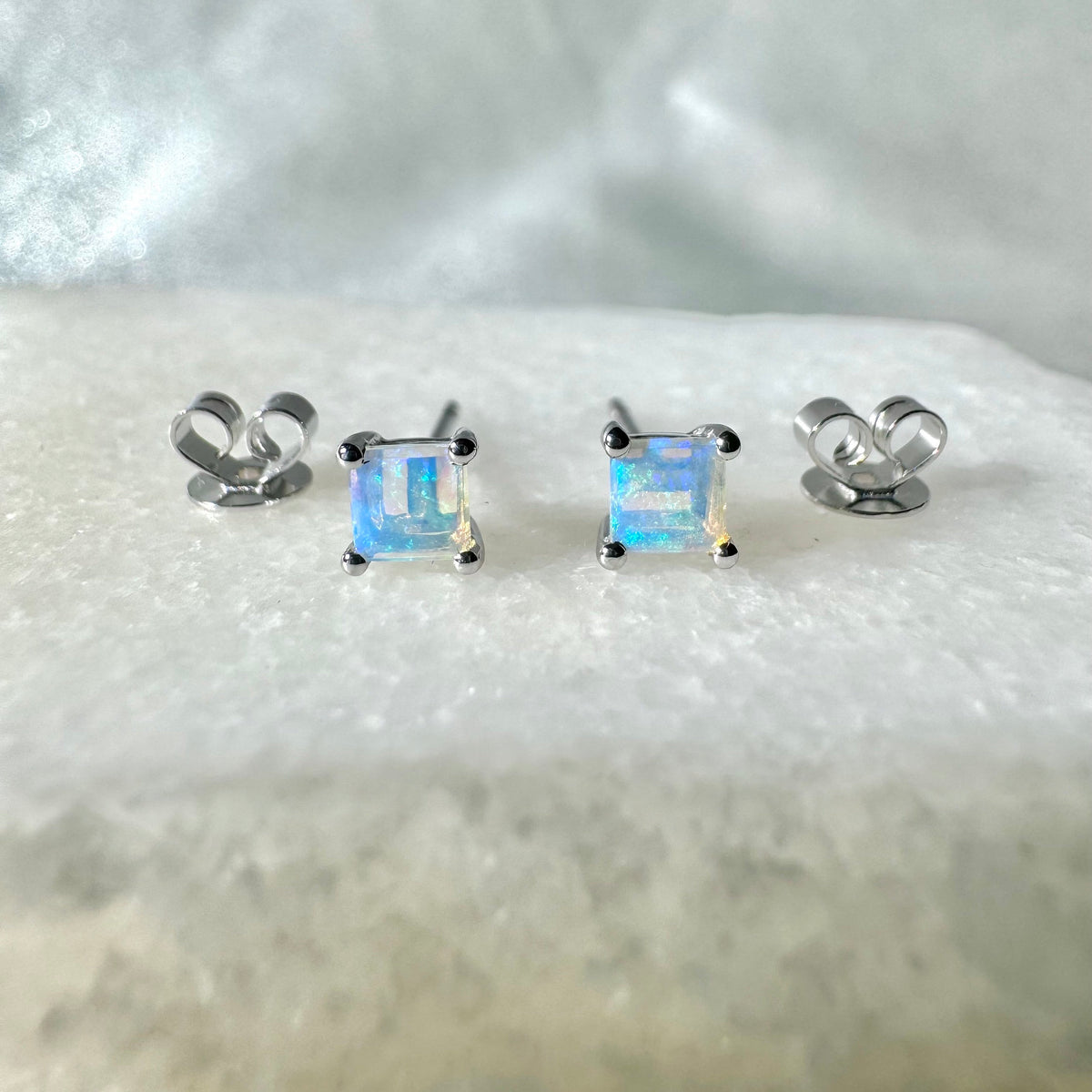 Genuine Opal 4mm Princess Cut Solitaire Stud Earrings / 14k Solid Gold