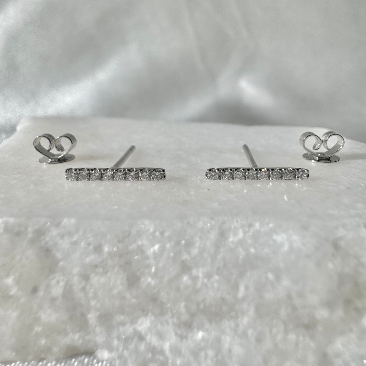 14k Solid Gold Diamond Bar Stud Earrings, April Birthstone, Everyday Wear