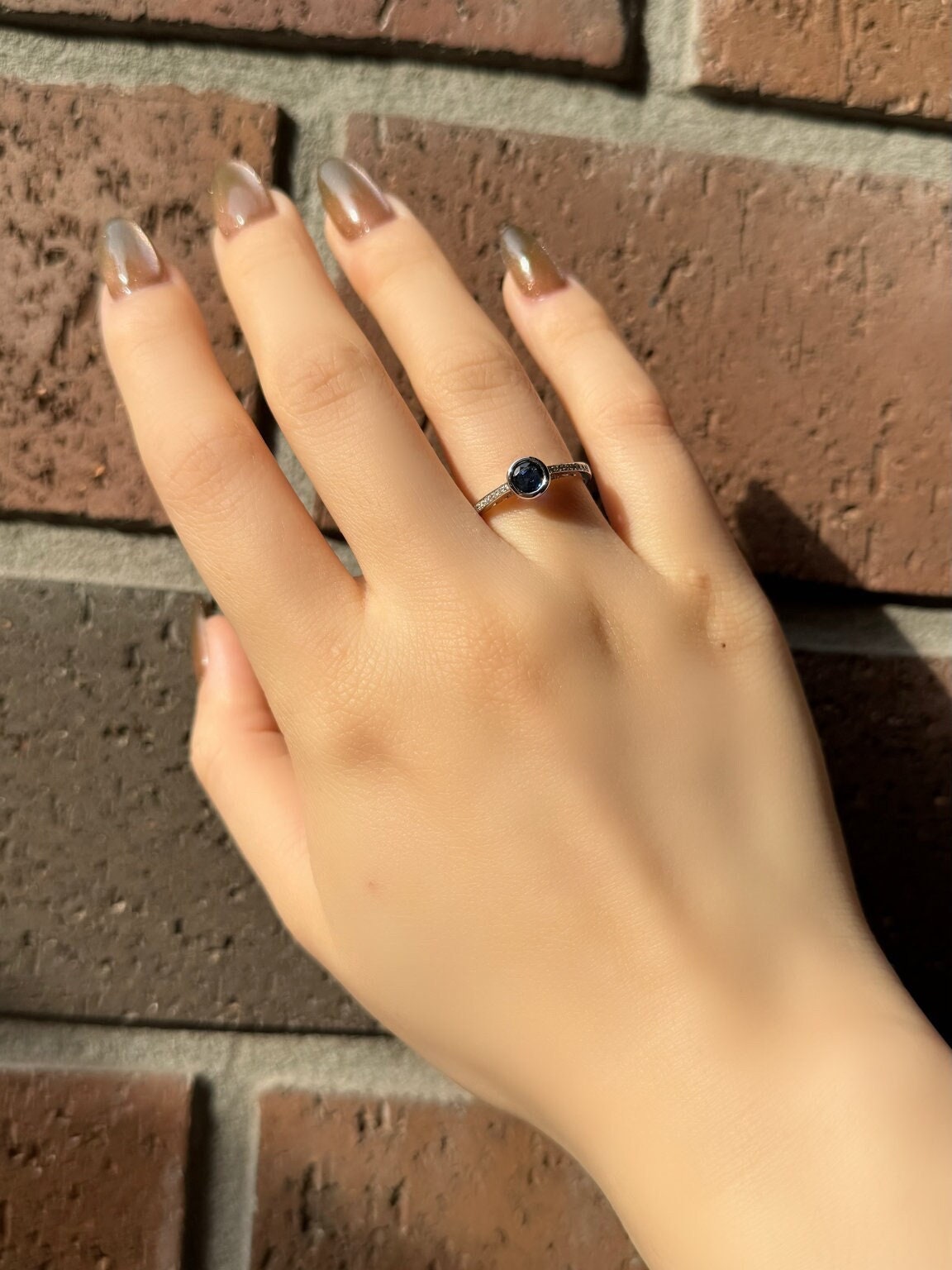 Genuine Sapphire Bezel Ring with Diamond Accents, 14k Solid White Gold, September Birthstone Gift