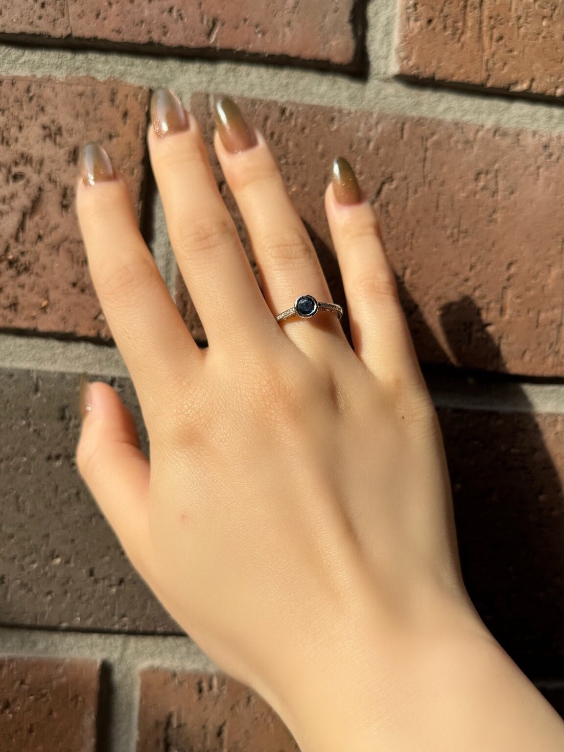 Genuine Sapphire Bezel Ring with Diamond Accents, 14k Solid White Gold, September Birthstone Gift
