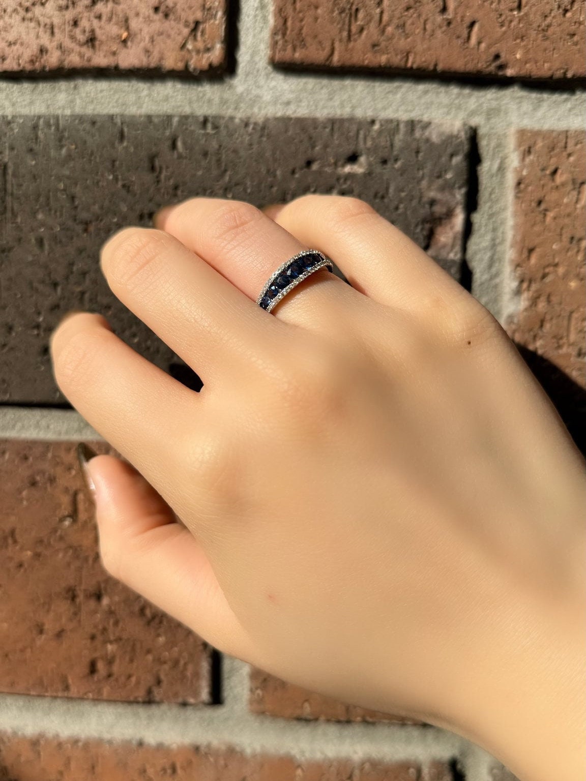 14k Solid White Gold Half Eternity Ring, Round Sapphire & Diamonds, September Birthstone Gift