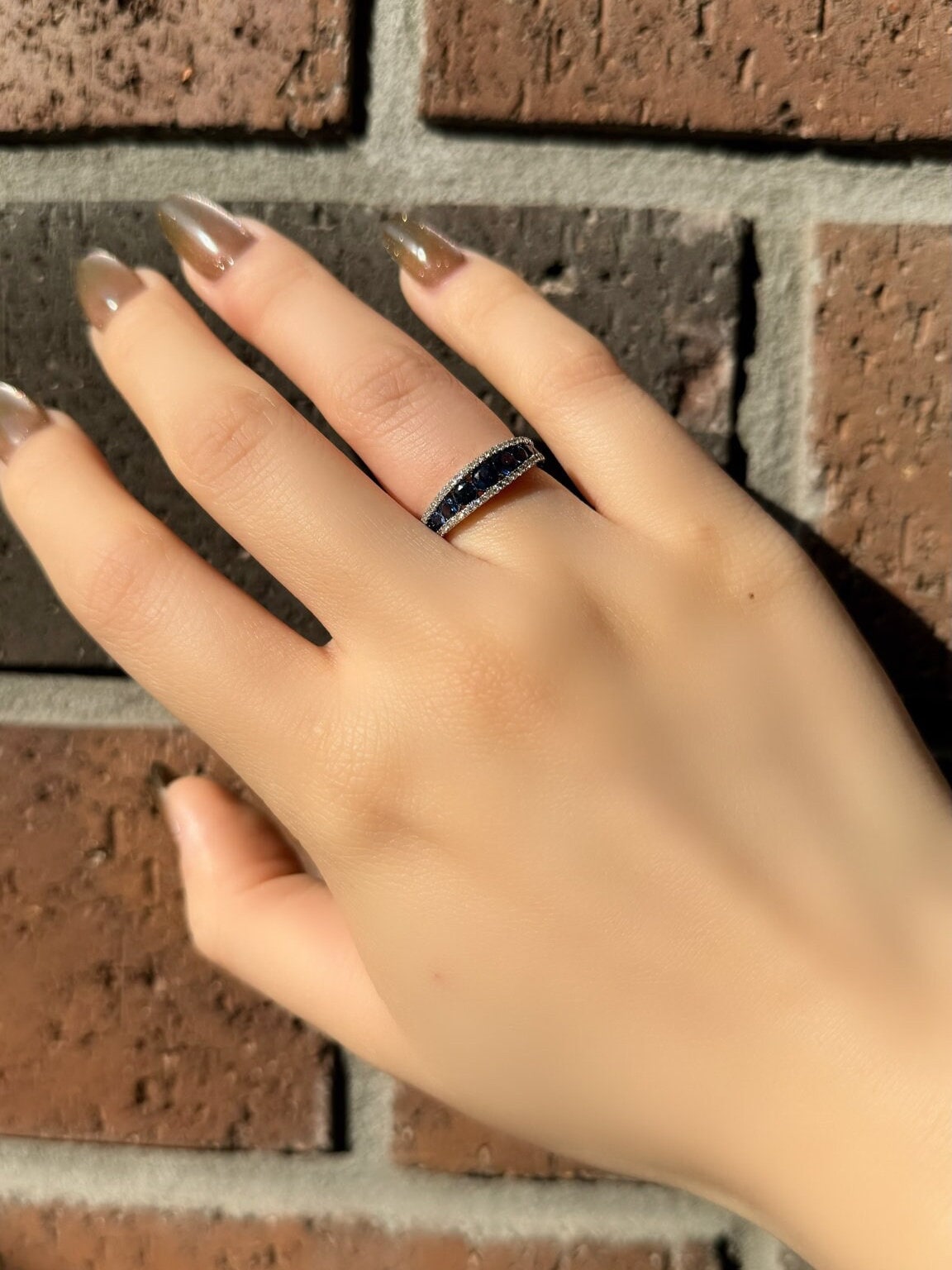 14k Solid White Gold Half Eternity Ring, Round Sapphire & Diamonds, September Birthstone Gift