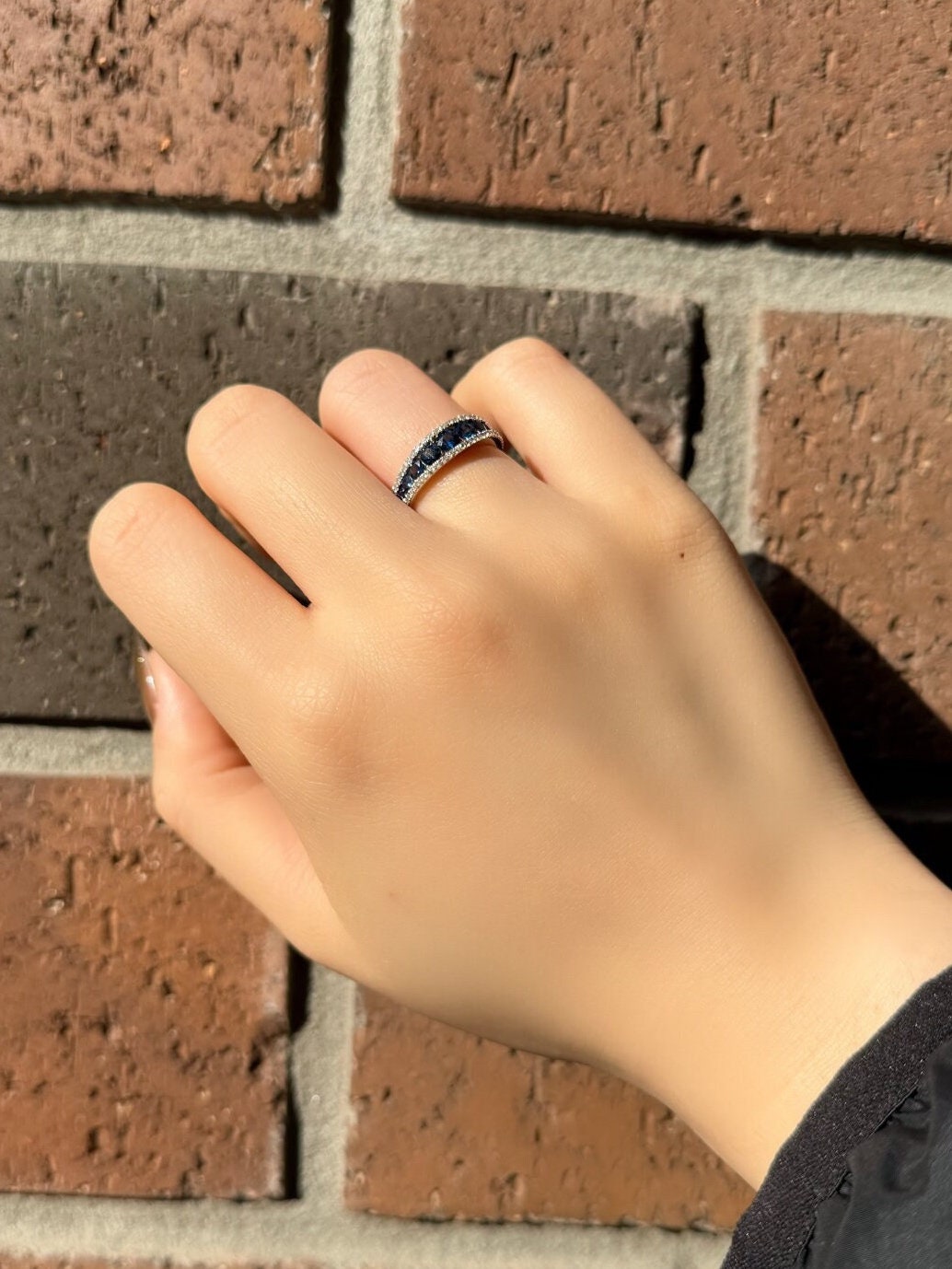 14k Solid White Gold Half Eternity Ring, Round Sapphire & Diamonds, September Birthstone Gift