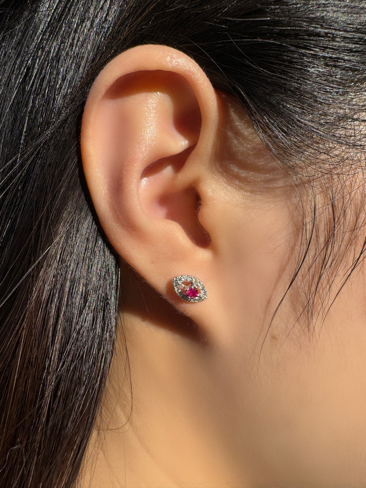 14k White Gold Ruby Diamond Marquise Halo Stud Earrings, July Birthstone